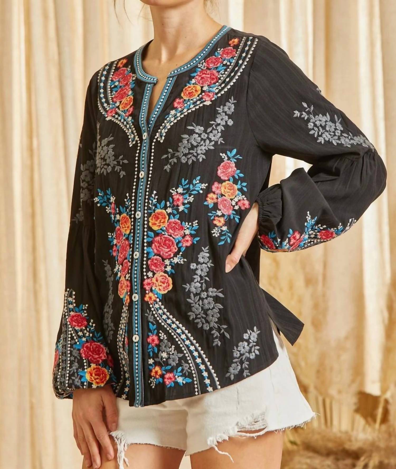 Andree By Unit - Floral Embroidered Button Down Top