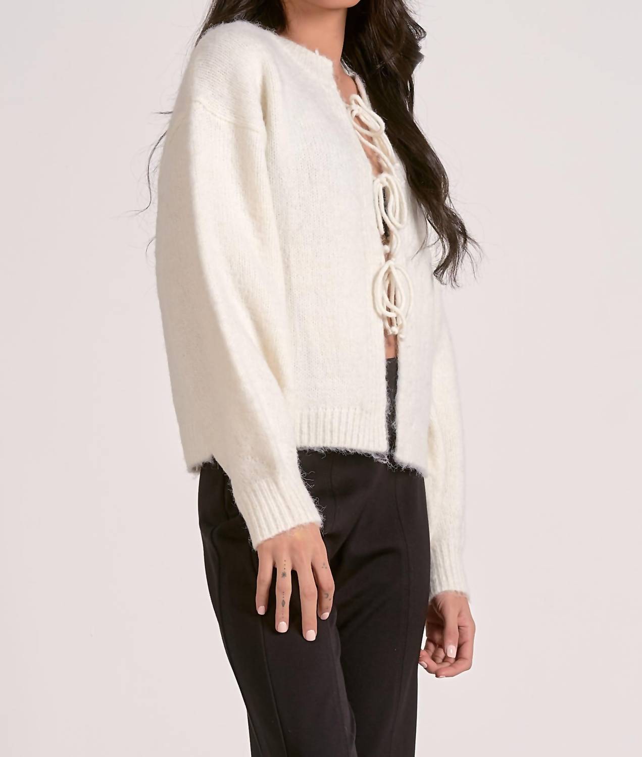 ELAN Front Tie Cozy Sweater in white - women's cardigan - alternate view