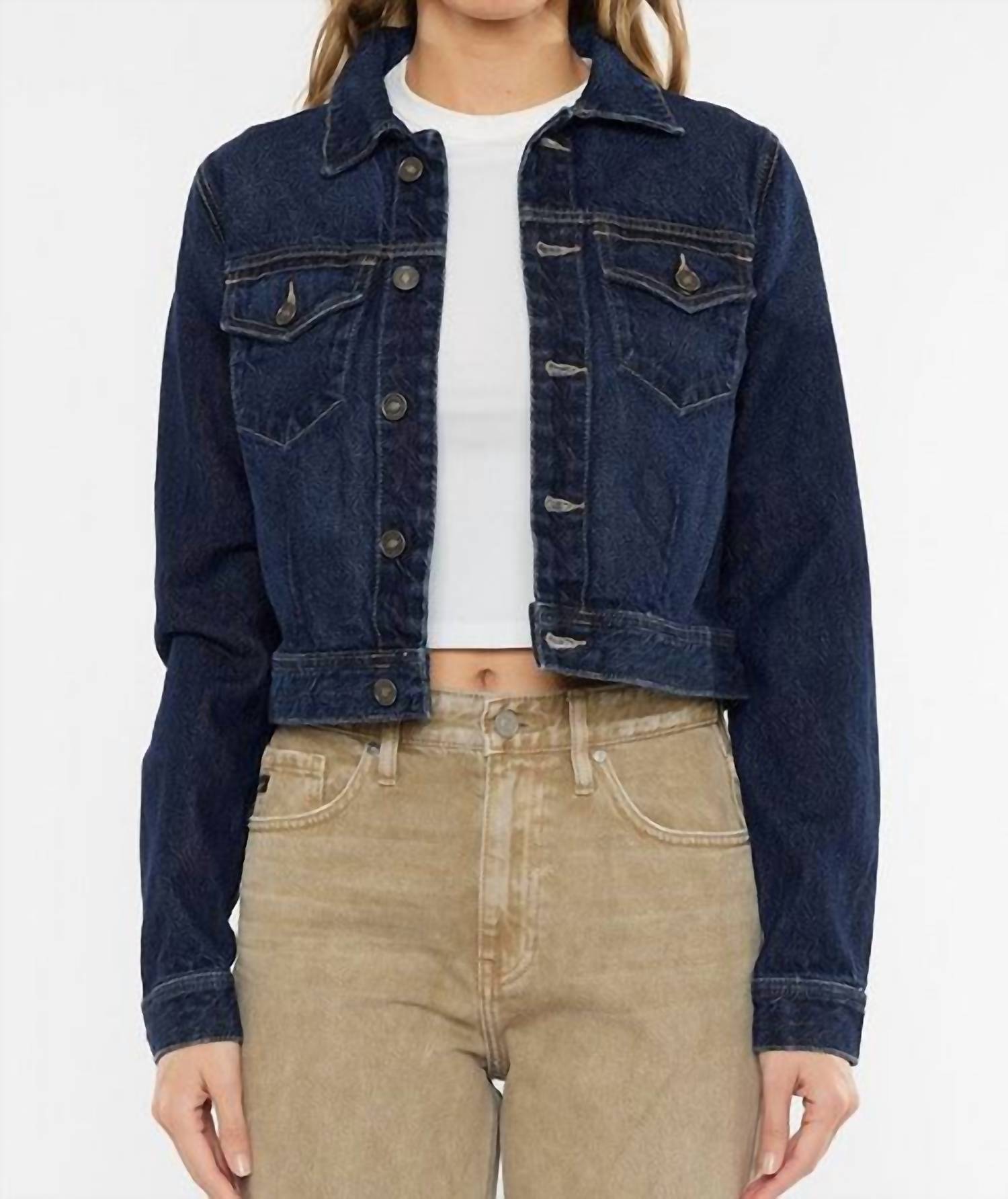 KanCan Front Patch Pocket Crop Jacket in denim - women's jacket - detail view