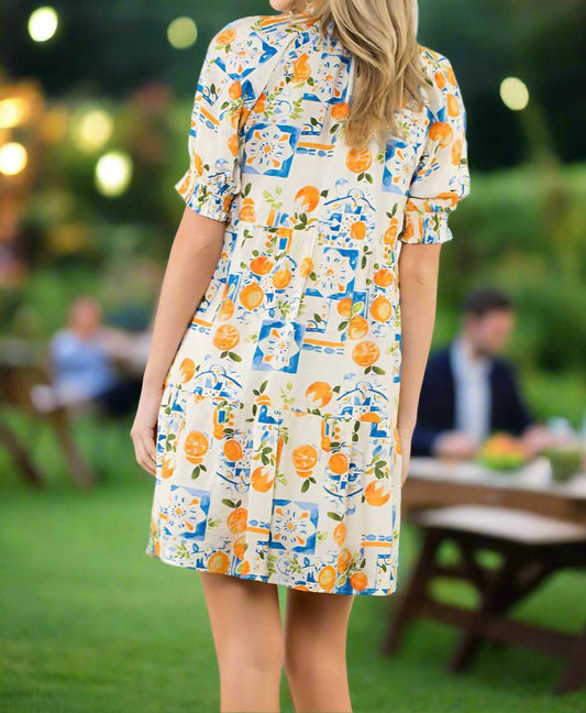 Thml - Citrus Tile Print Puff Sleeve Mini Dress