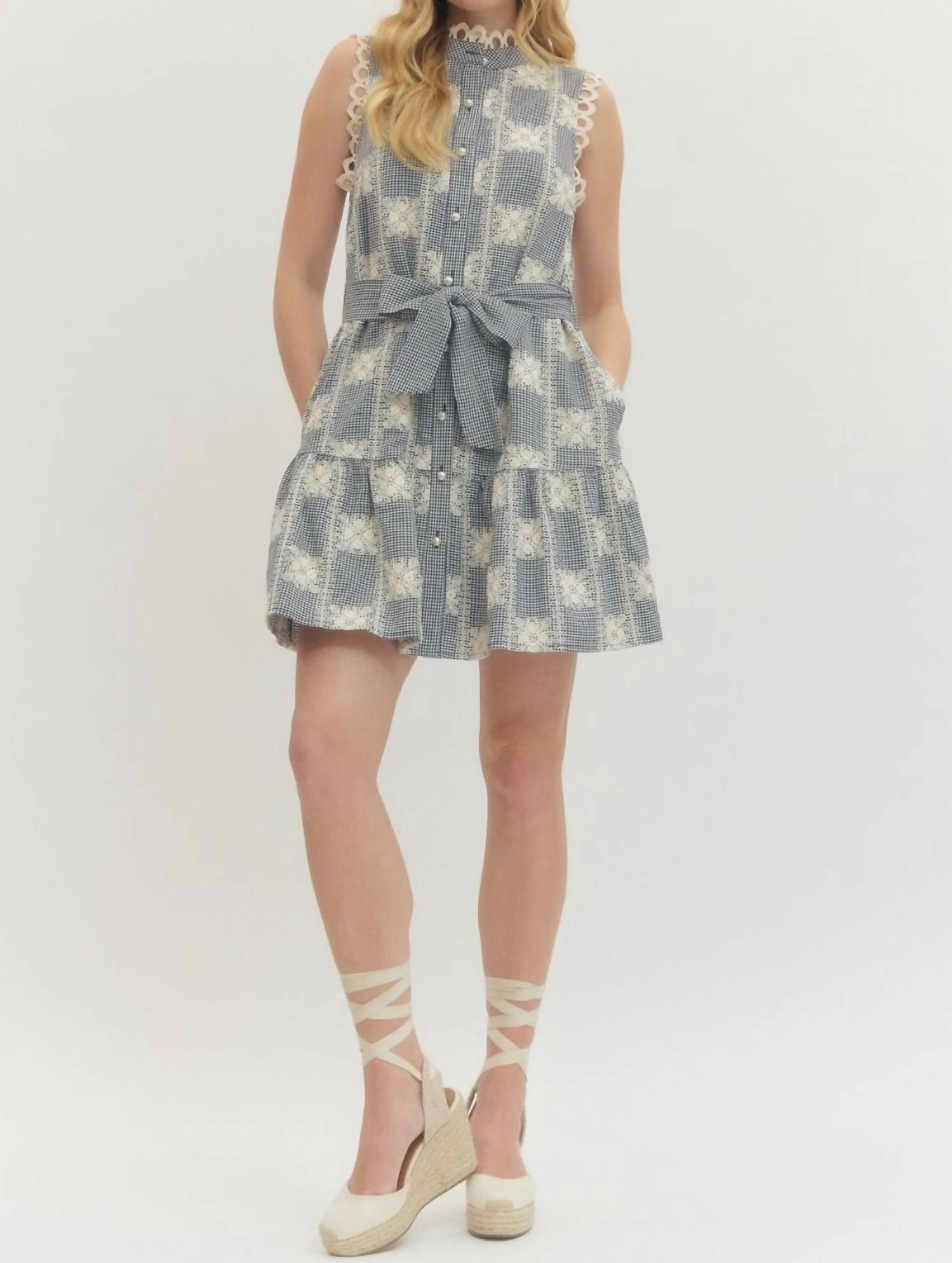 Entro - Lacy And Gingham Sleeveless Mini Dress