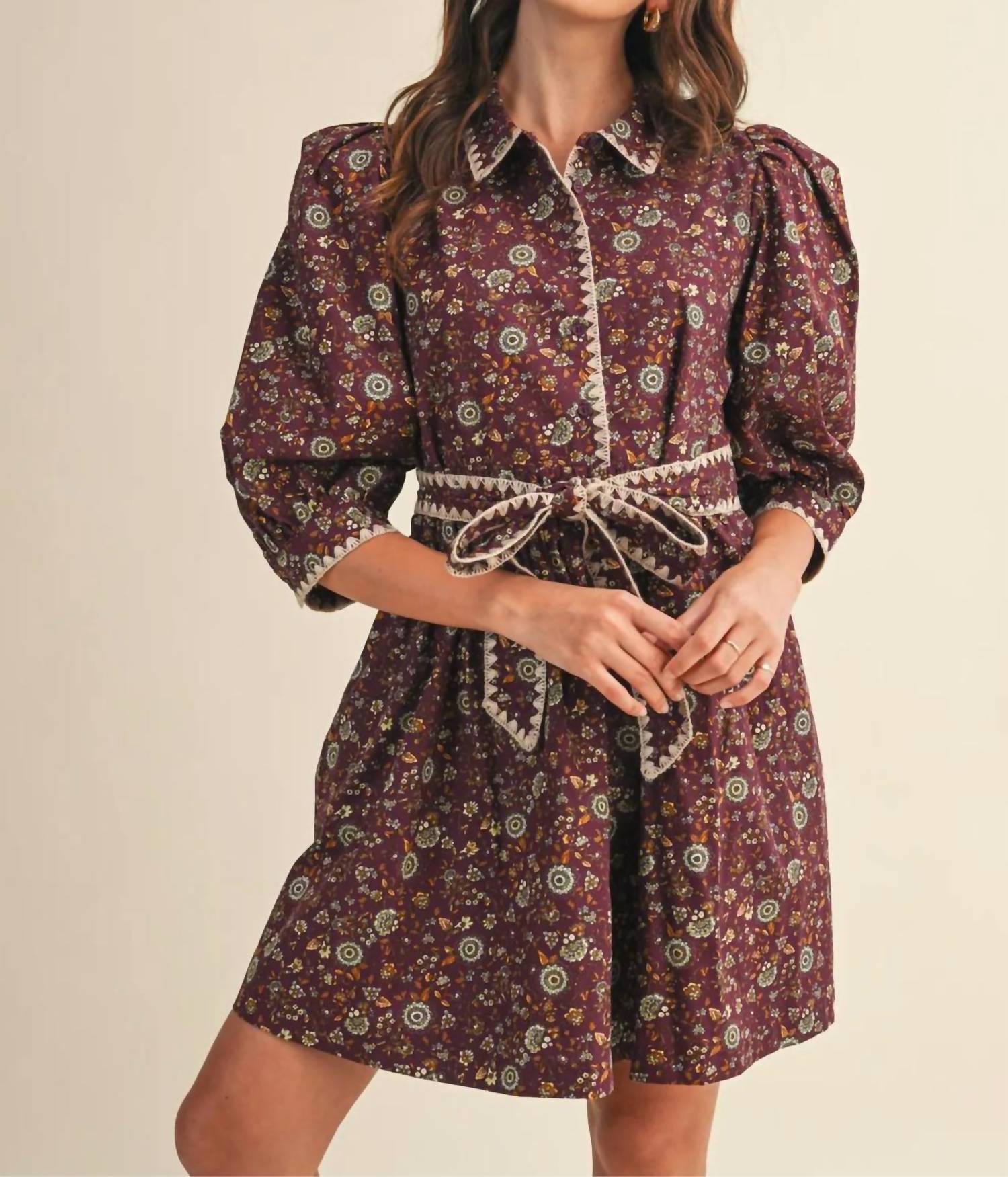 &merci Blanket Stitch Floral Mini Dress in plum - women's dress