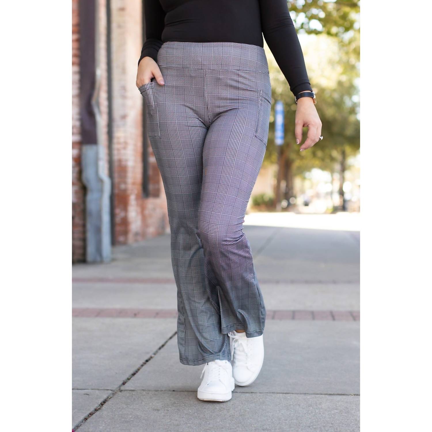 Julia Rose Felicity Plaid Bootcut Leggings - 30" in grey - women's pants