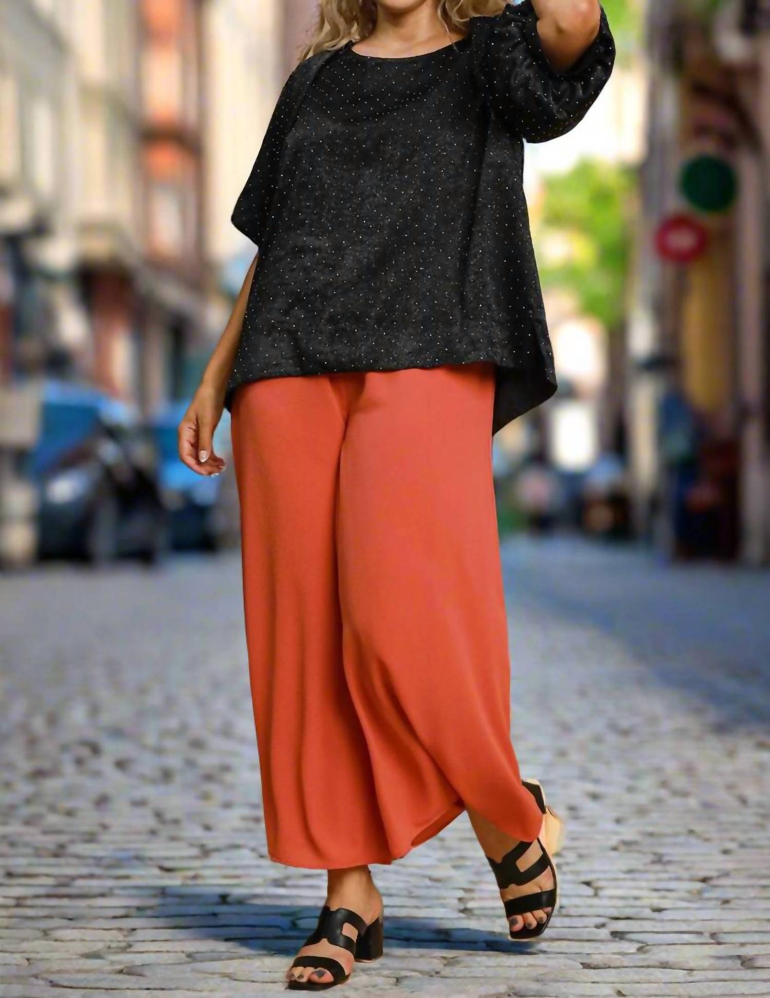 Umgee - Satin Rhinestone Embellished Blouse With Puff Sleeves