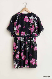 Umgee - Women's Floral V-neck Crochet Detail Dress