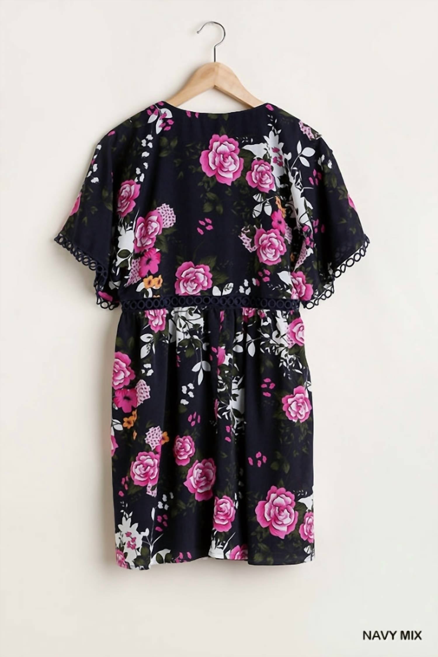 Umgee - Women's Floral V-neck Crochet Detail Dress