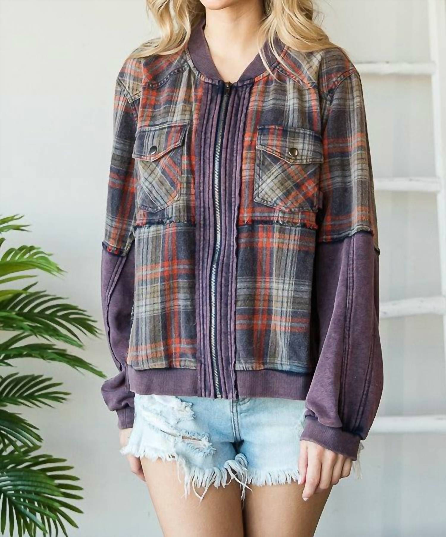 Oli & Hali - Washed Media Plaid Zip Front Jacket