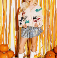 QUEEN OF SPARKLES Thanks Glitter Script Cardigan in beige multi - women's cardigan