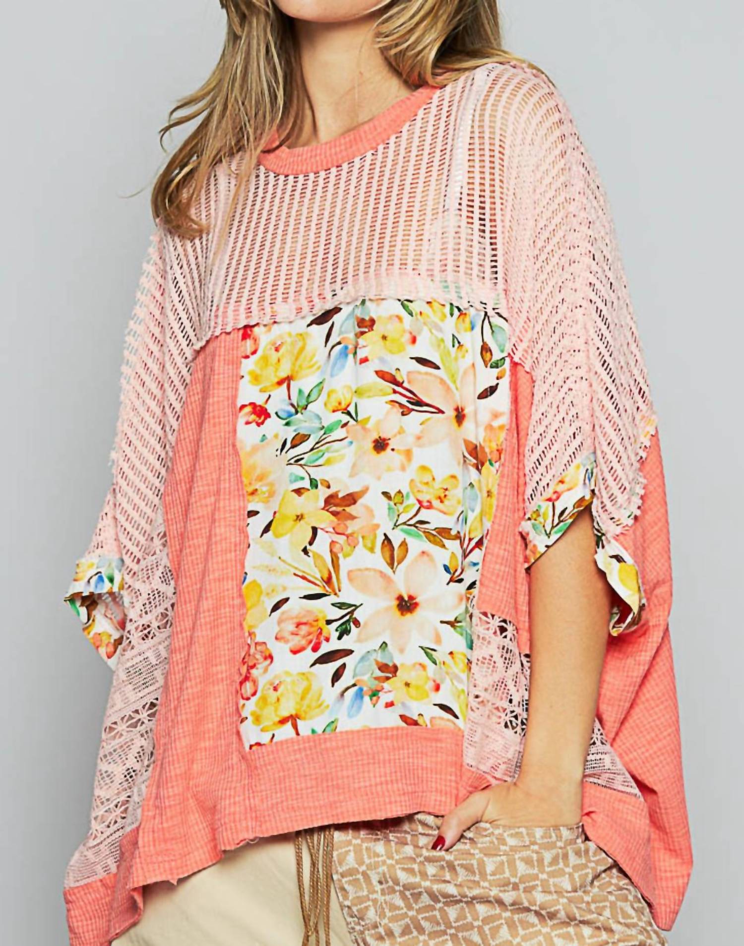 Pol - Birdie Patchwork Mesh Poncho