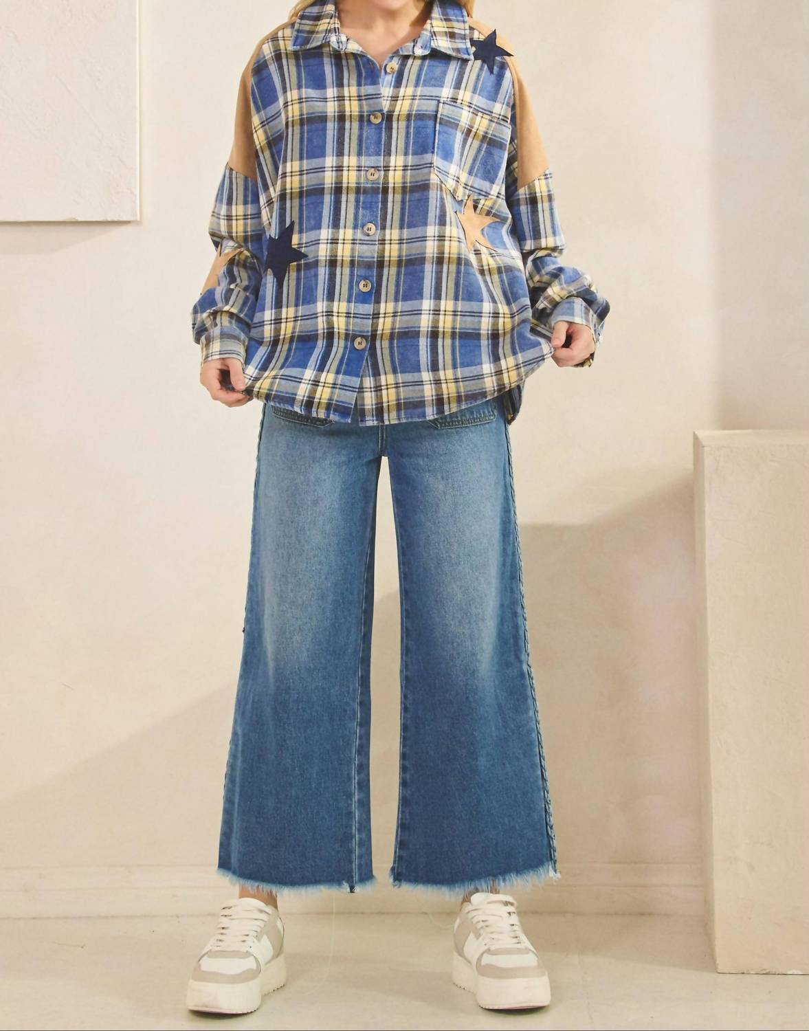 SAGE+FIG Skylar Star Patchwork Plaid Flannel Shirt in blue - women's shirt