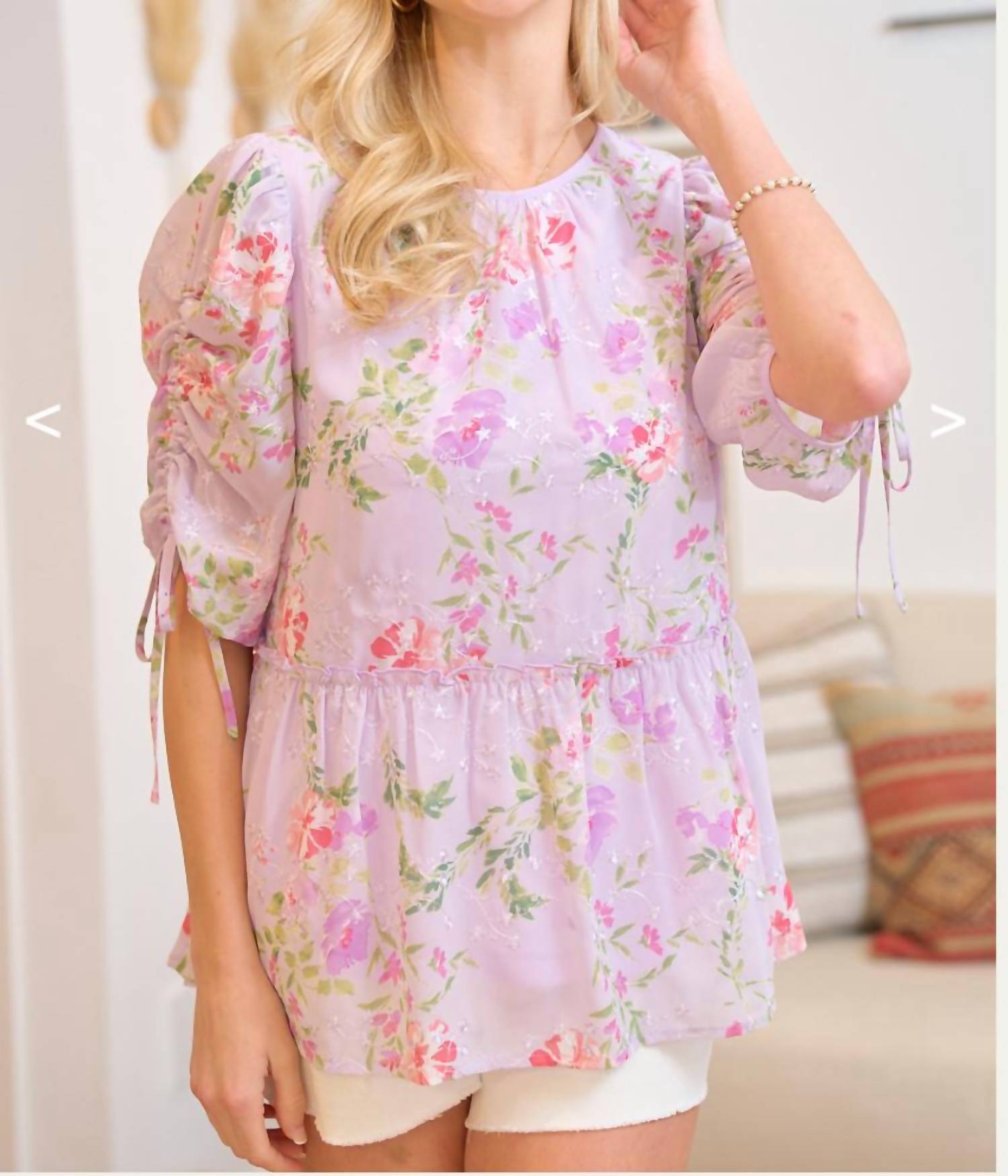 Doe and Rae Sweet Pea Drop Waist Top in pink multi - women's blouse - detail view