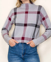 STACCATO Check Pattern Jacquard Mock Neck Sweater in heather grey - women's sweater - detail view