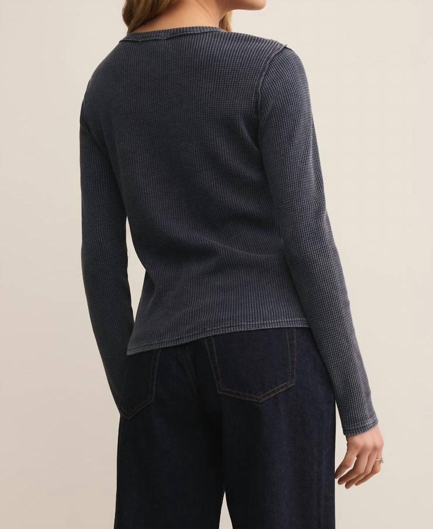 Z Supply Arlet Mini Thermal Top in blue saphire - women's long sleeve top - detail view
