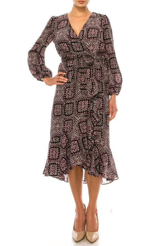 Maison Tara - Multi Print Surplice Neck Faux Wrap Midi Dress