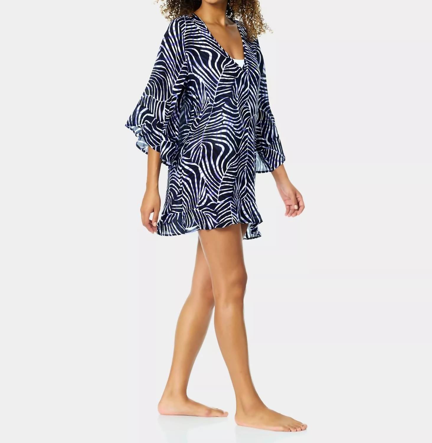 Anne Cole Flounce Zebra Printed Cover Up in blue white - women's swimwear - alternate view