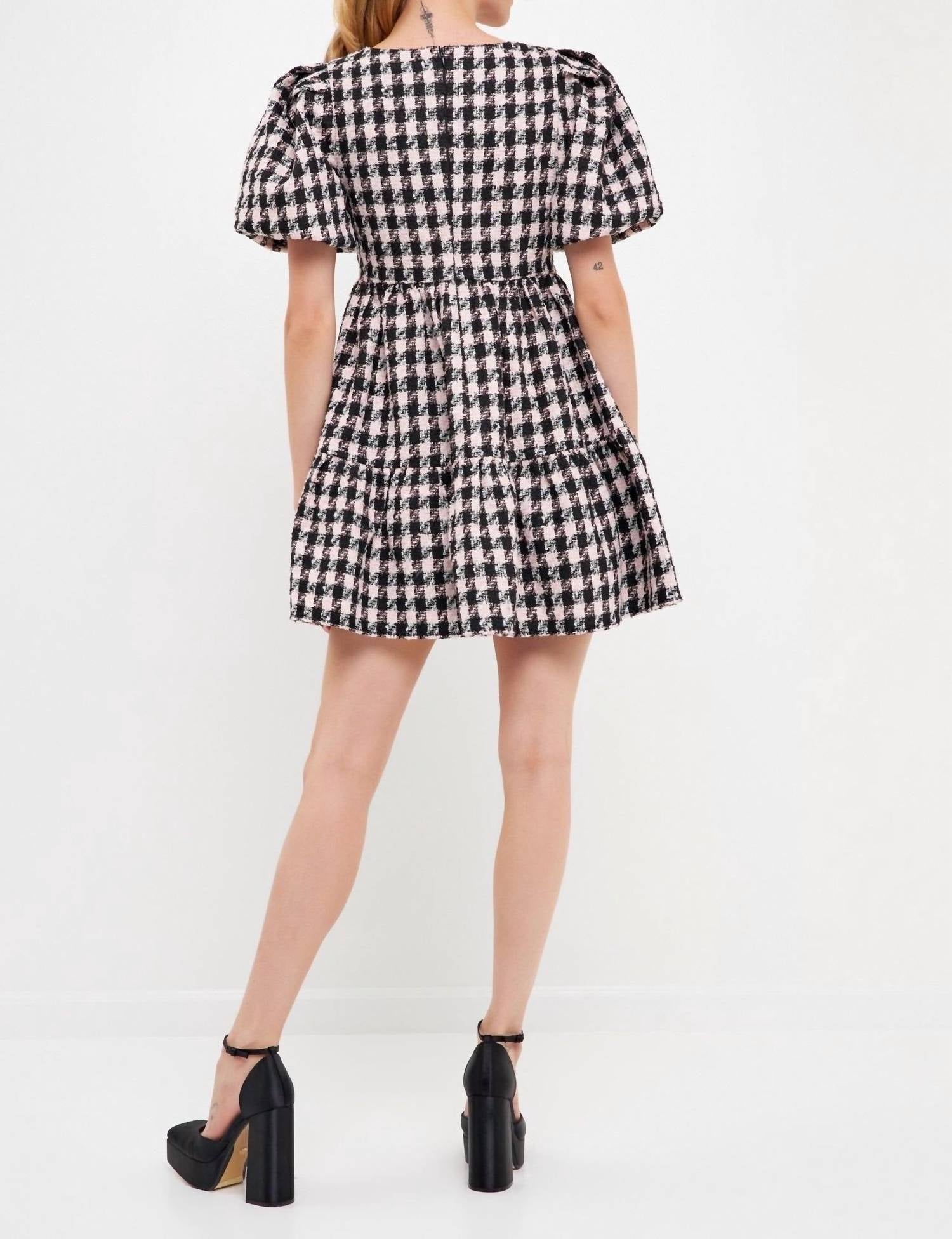 English Factory - Genevieve Tweed Puff Sleeve Mini Dress