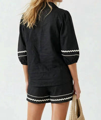 Naked Zebra - Contrast Trim Puff Sleeve Linen Blouse