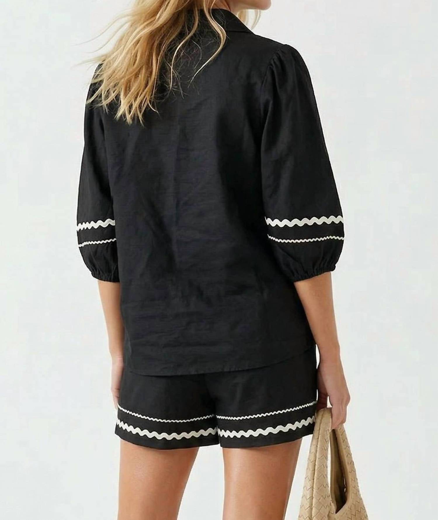 Naked Zebra - Contrast Trim Puff Sleeve Linen Blouse