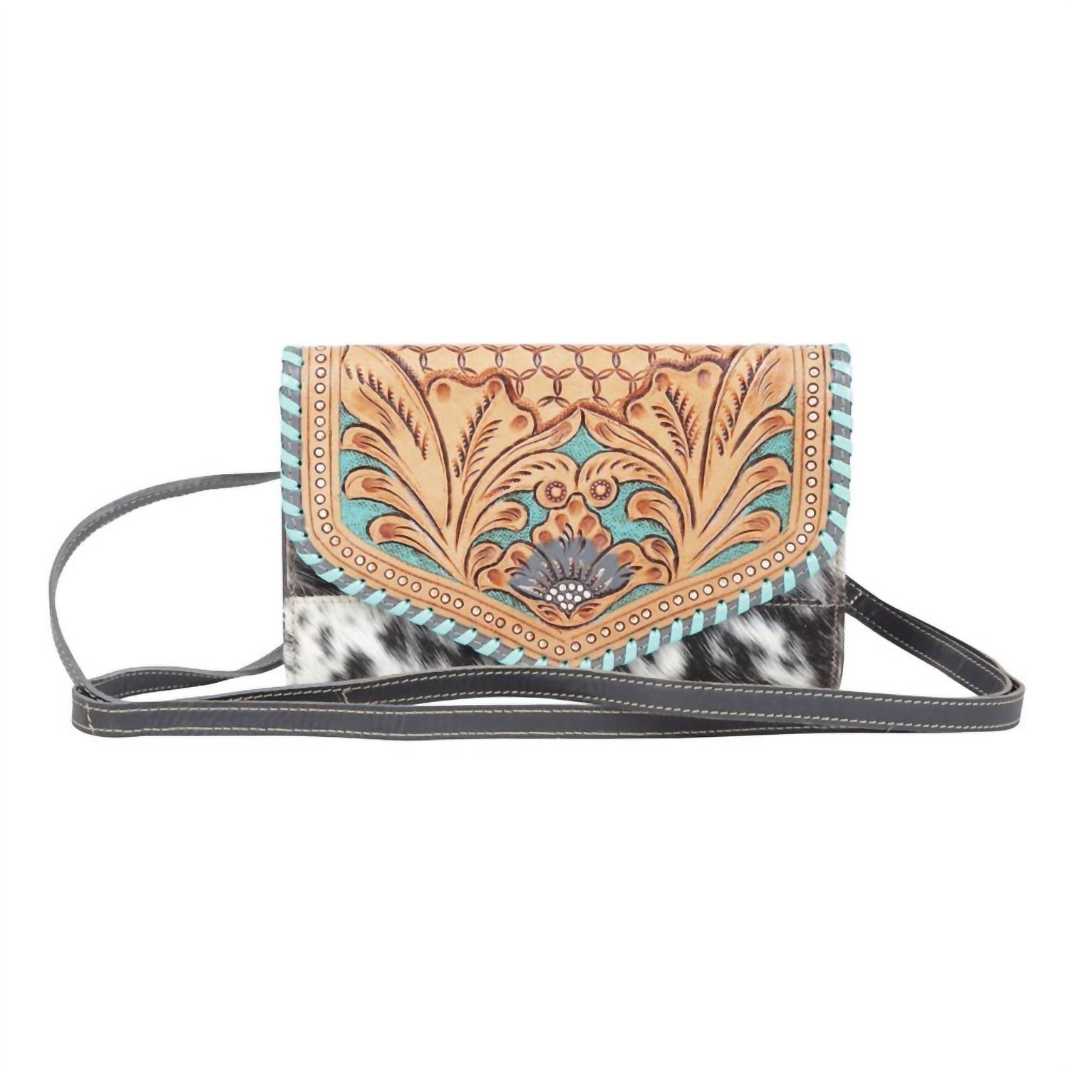 Myra Bag - Women's Semicolon Embossed Leather Wallet With Shoulder Strap
