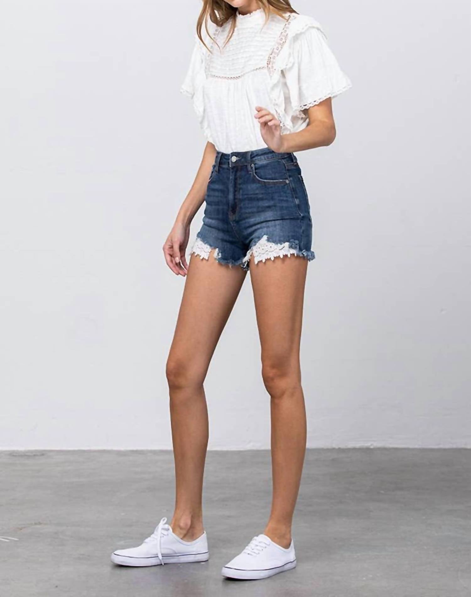 Insane Gene - High Rise Stretch Frayed Hem Lace Line Trim Shorts