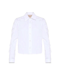 THEO the Label Echo Ruched Sleeve Shirt in white - women's shirt - detail view
