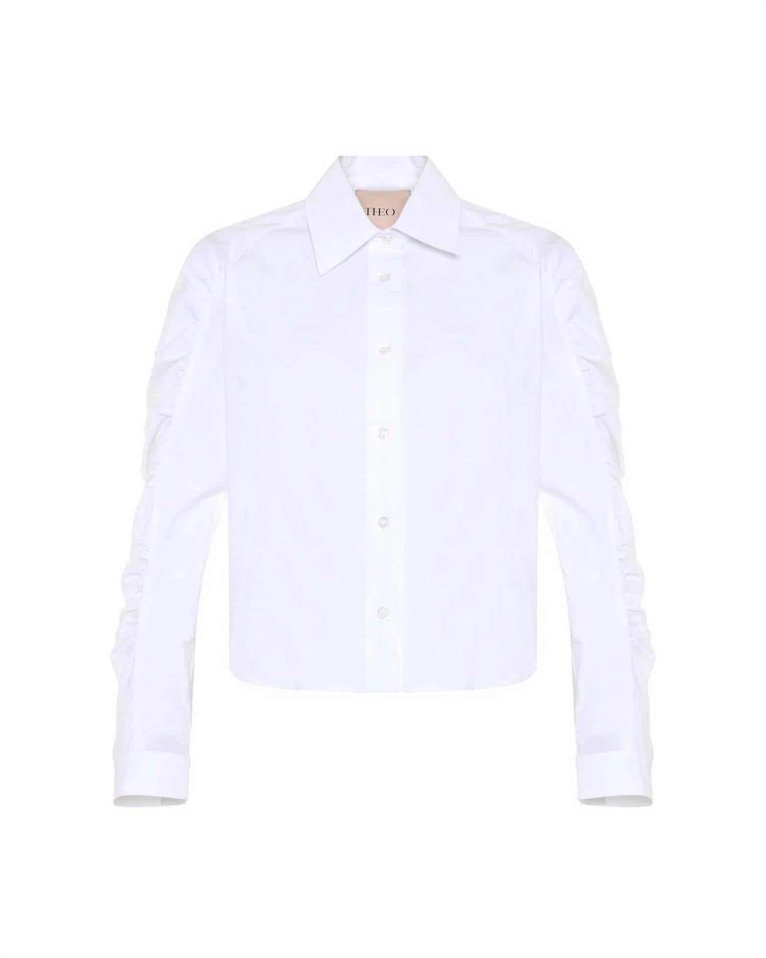 THEO the Label Echo Ruched Sleeve Shirt in white - women's shirt - detail view