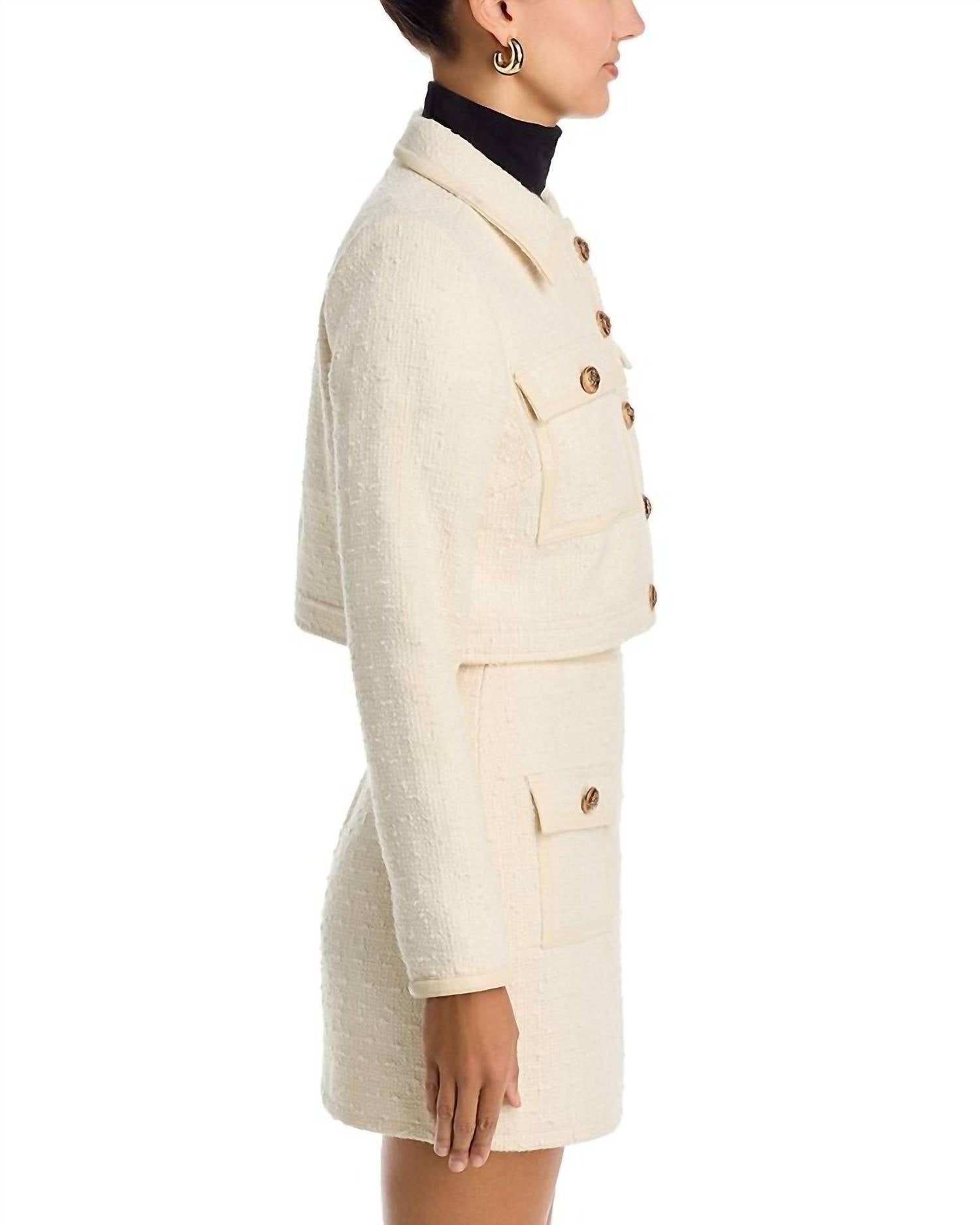 Stellah Tweed Jacket with Leather Trim in cream - women's jacket - alternate view