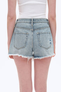 Bayeas - Rhinestone Embellished High Rise Denim Shorts