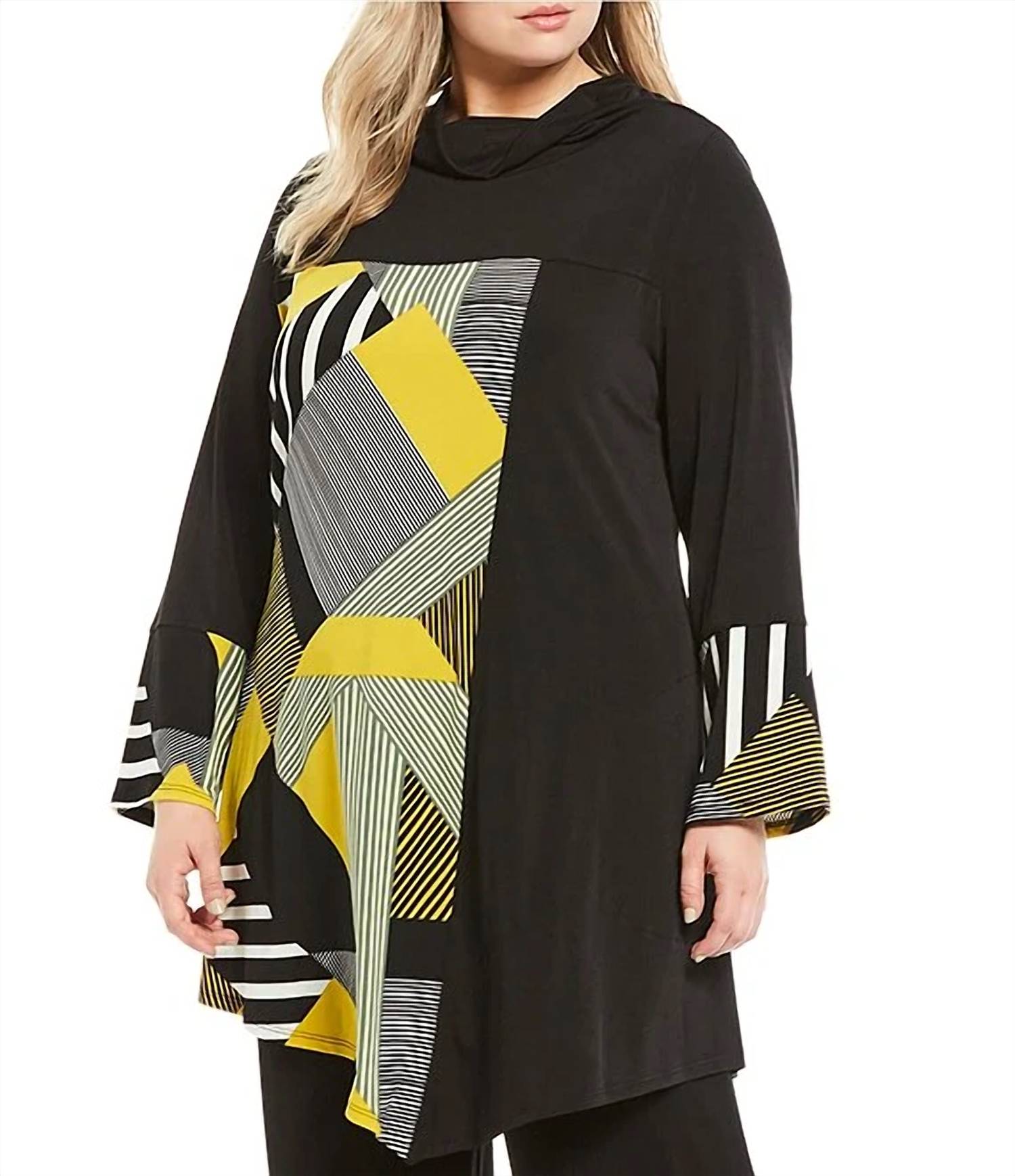 Ic Collection - Abstract Colorblock Cowl Neck Top - Plus