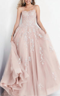 JOVANI Spaghetti Strap Embroidered Prom Gown in blush - women's dress