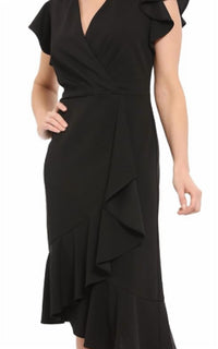 London Times - Ruffle Sleeve V-Neck Dress with Asymmetrical Hem