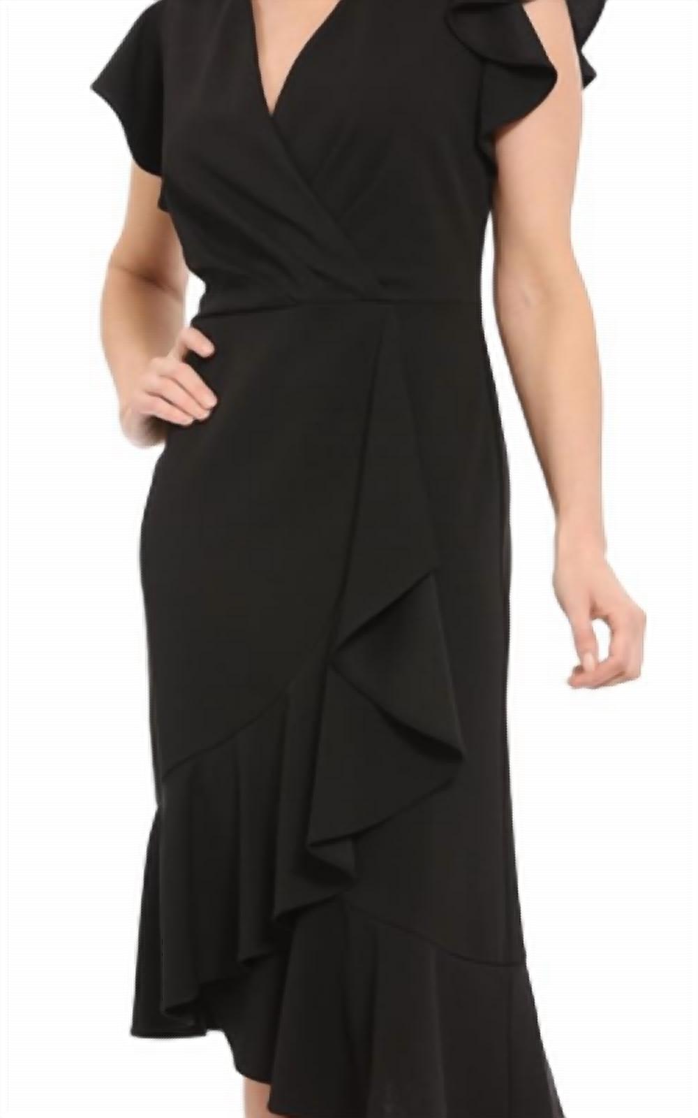 London Times - Ruffle Sleeve V-Neck Dress with Asymmetrical Hem