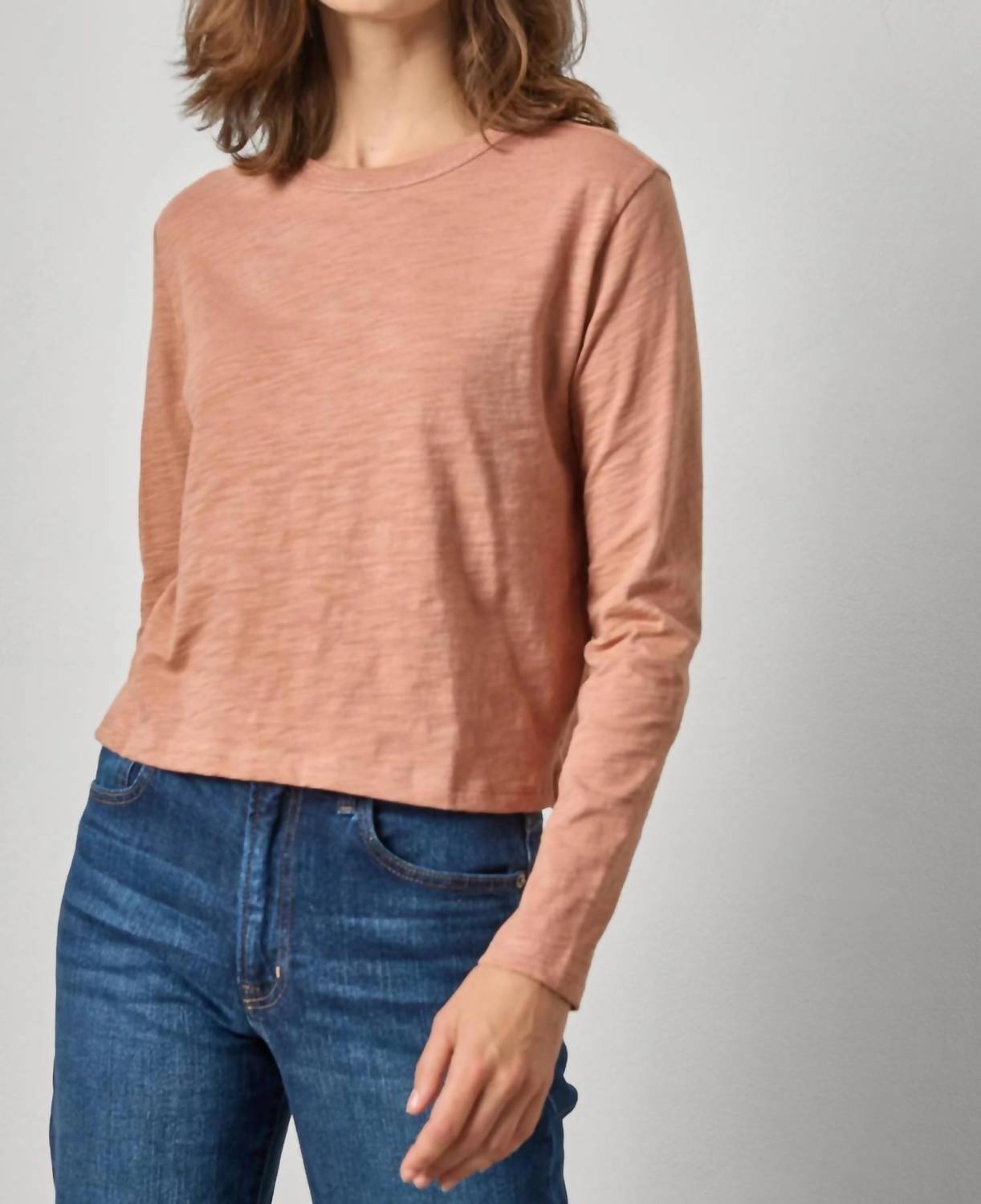 Lilla P Long Sleeve Cropped Boyfriend Tee in carob - women's long sleeve top