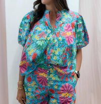 Karlie - Tropical Pleated Sleeve Top