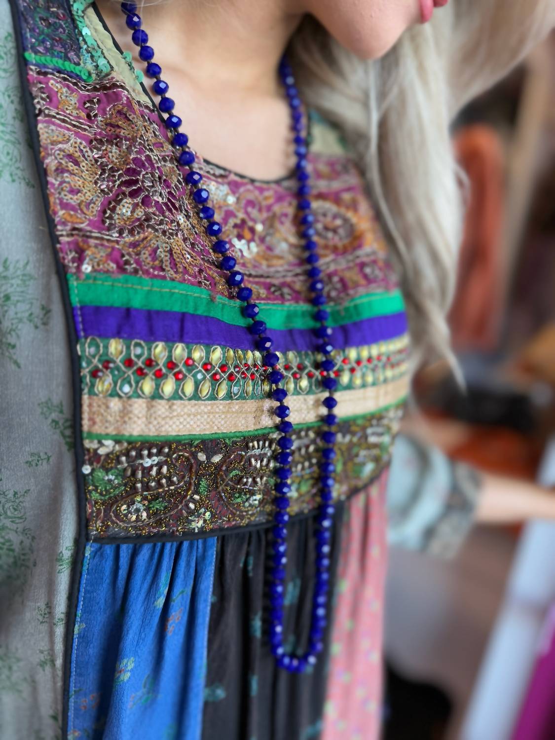 Young Threads - Embroidered Patchwork Mini Dress With Pockets