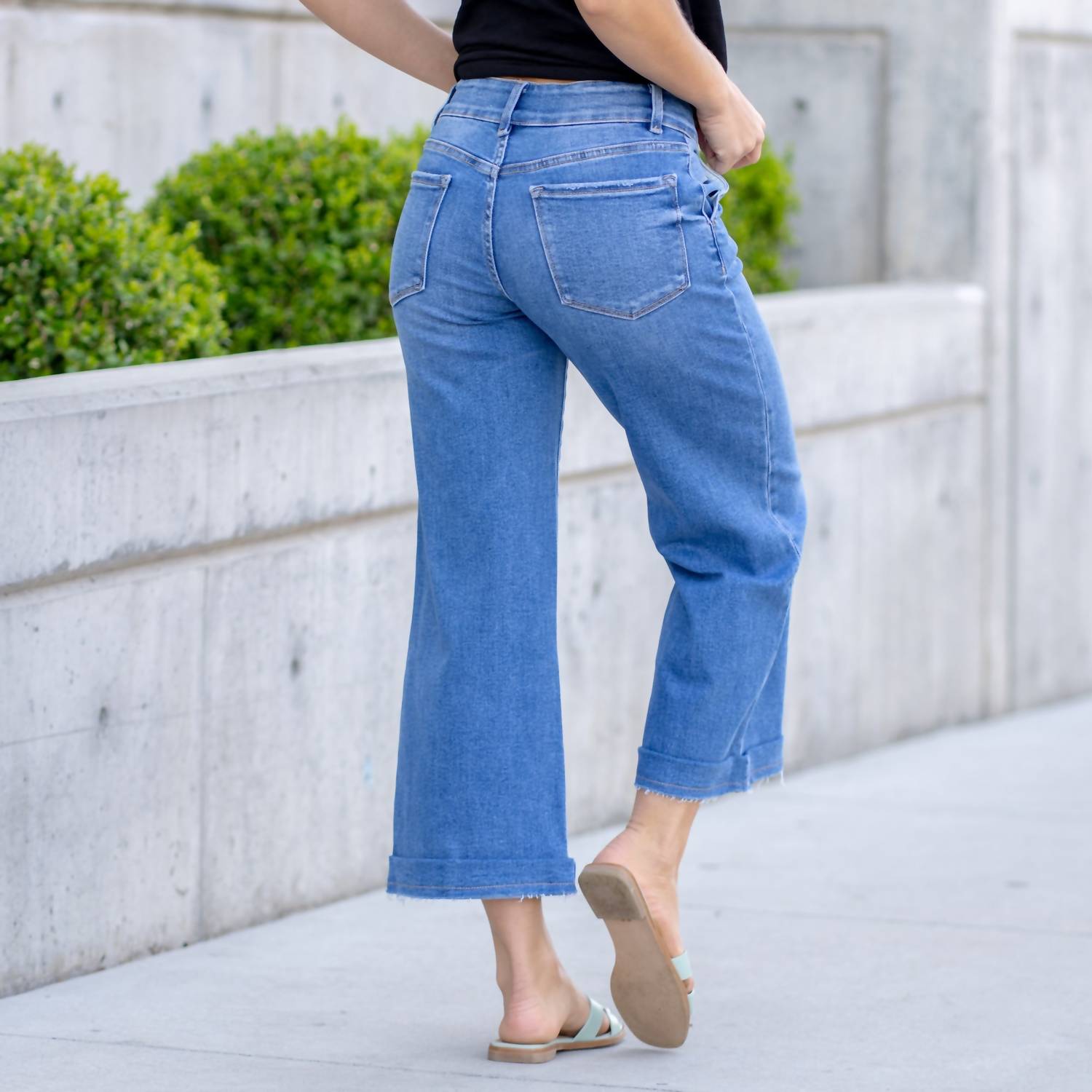 LOVERVET High Rise Button Wide Jean in medium blue wash - women's jeans - alternate view