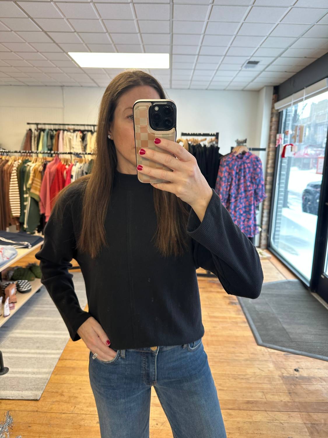 PROJECT SOCIAL T Sielo Cozy Seamed Mock Neck Top in black - women's long sleeve top