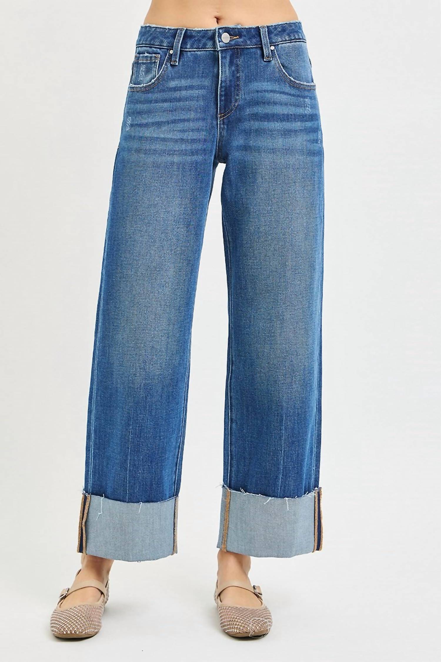 RISEN 4 Way Stretchy Mid Rise Cropped Cuffed Jean in med wash - women's jeans