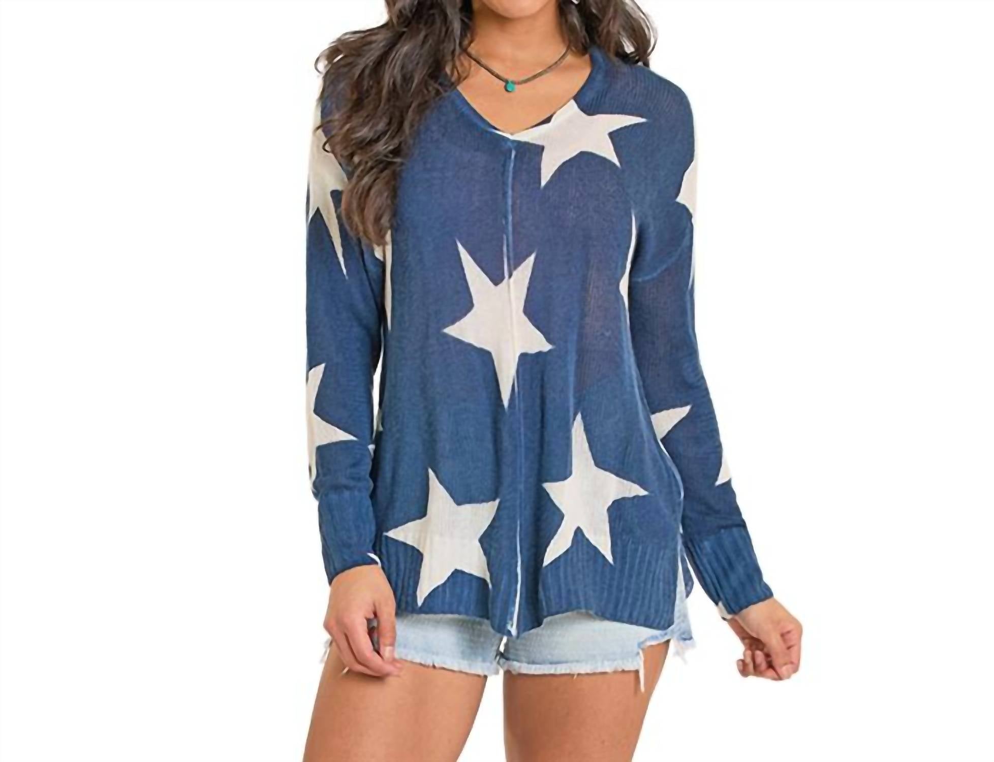 Rock & Roll Denim Star Print Sweater in blue - women's sweater