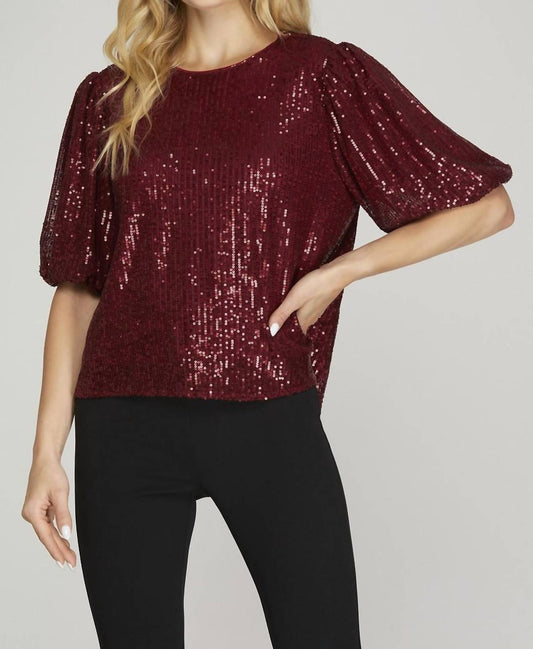 She + Sky - Puff Half Sleeve Sequin Top