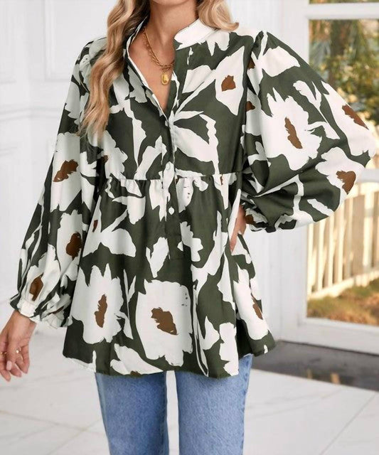 Shewin - Flower Frill Neck Loose Blouse