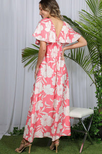 Vine & Love - Floral Flutter Sleeve Slit Detail Maxi Dress