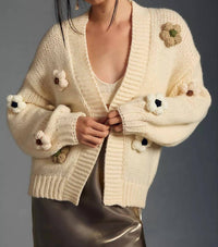 Aaron & Amber 3D Chunky Flower Cardigan in cream - women's cardigan