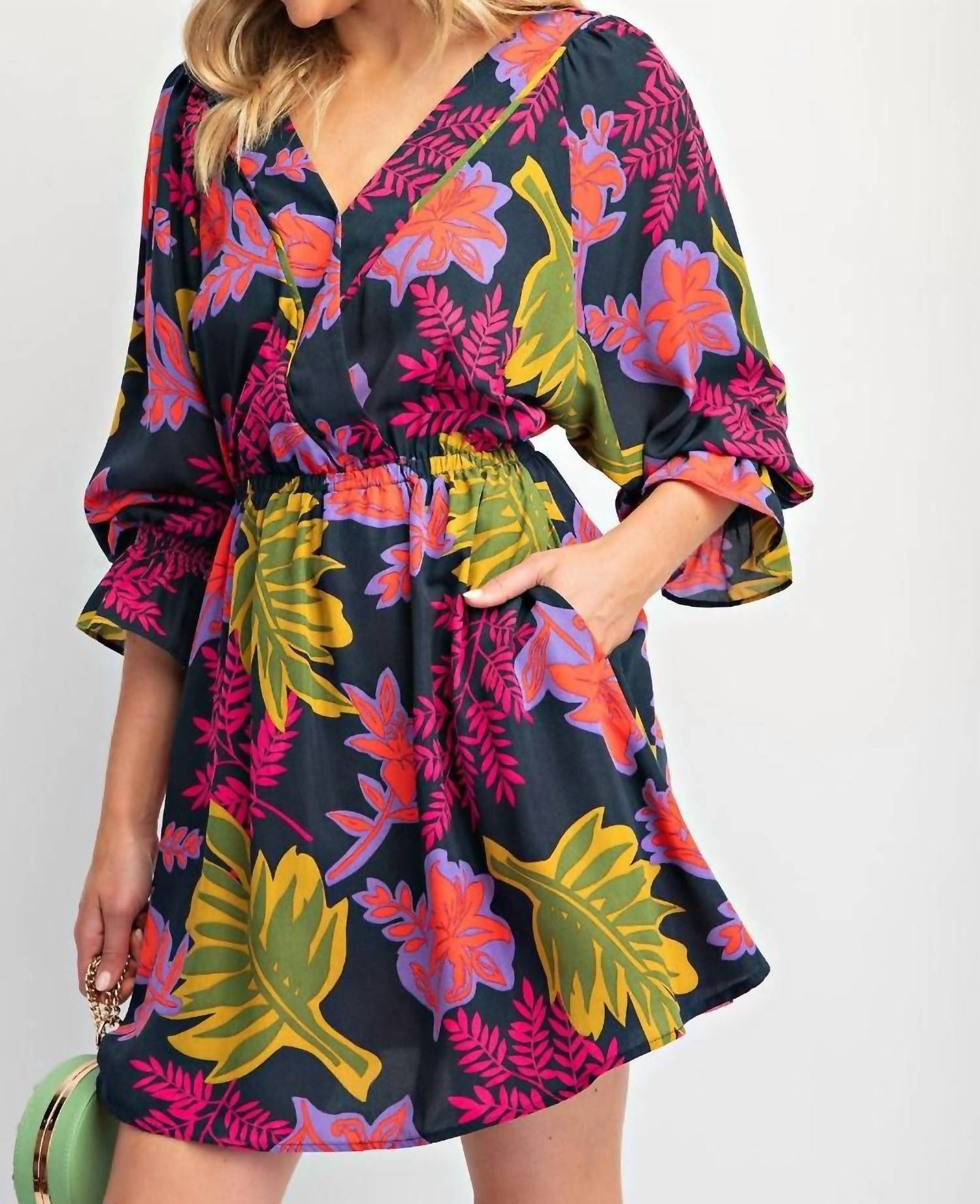 Easel - Printed Wool Peach Woven Surplus Mini Dress