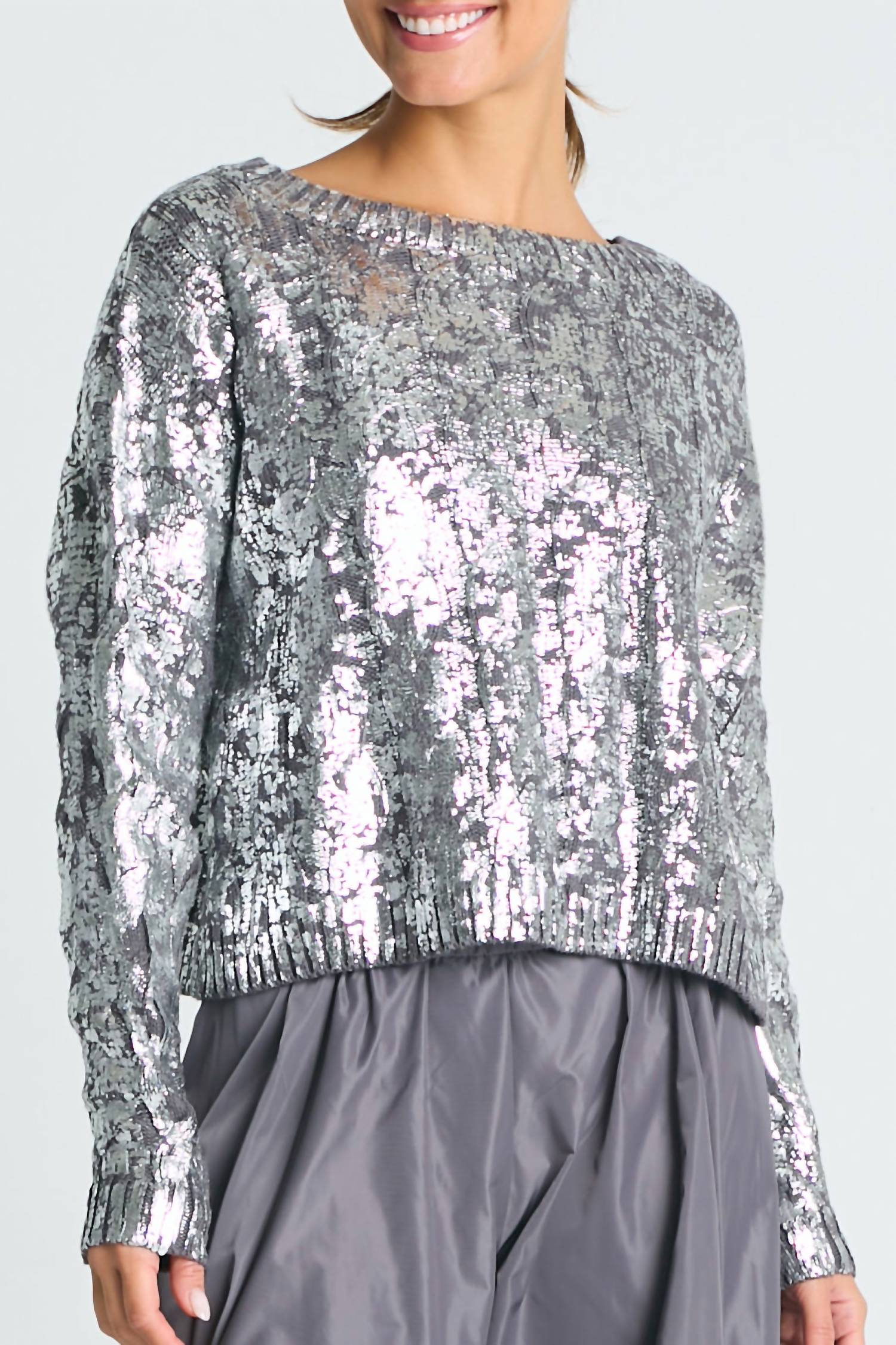 Planet By Lauren G. - Pima Cotton Mini Foil Cable Crewneck Sweater