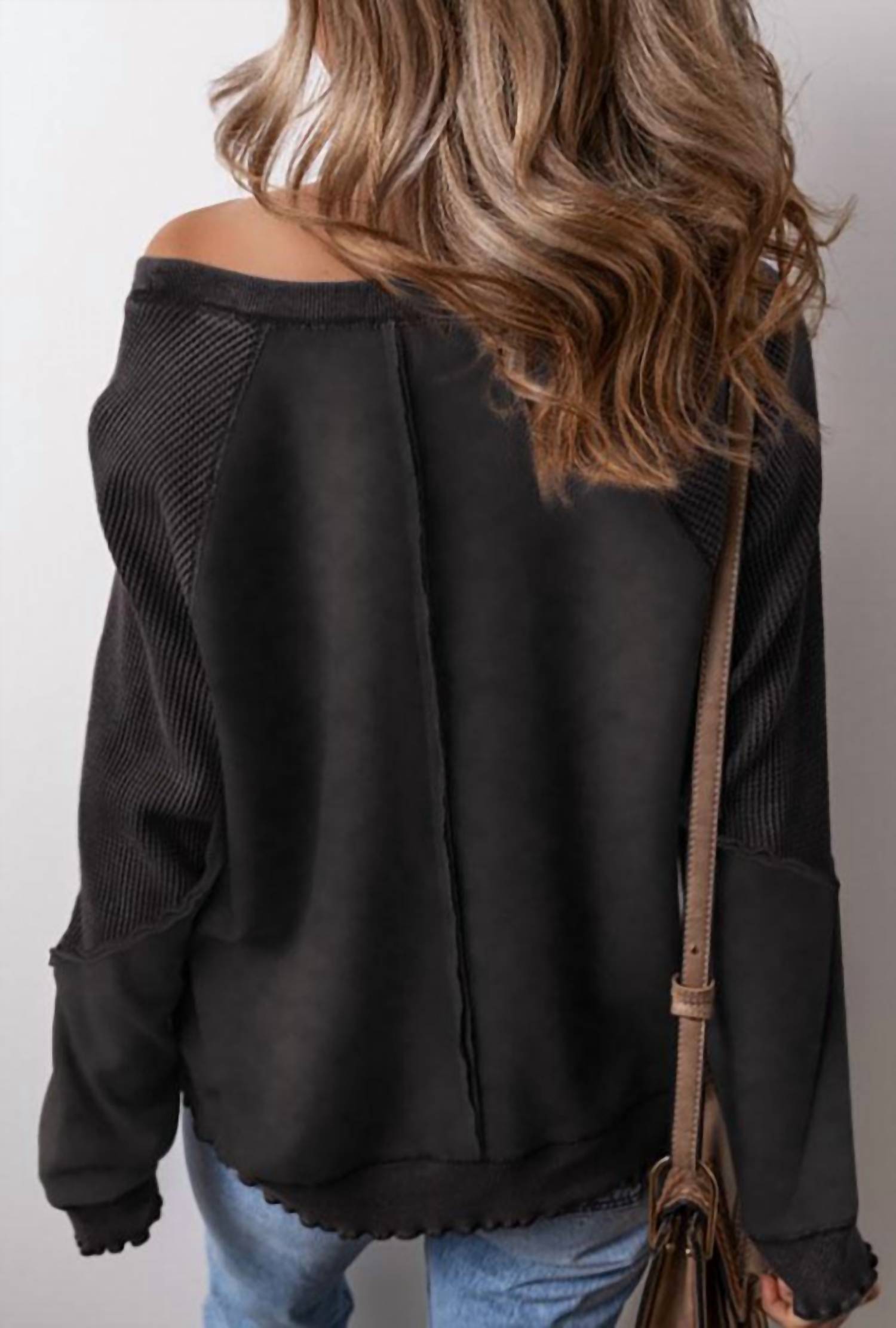 Legend Or Lies - Solid Waffle Knit Patchwork Raglan Sweatshirt