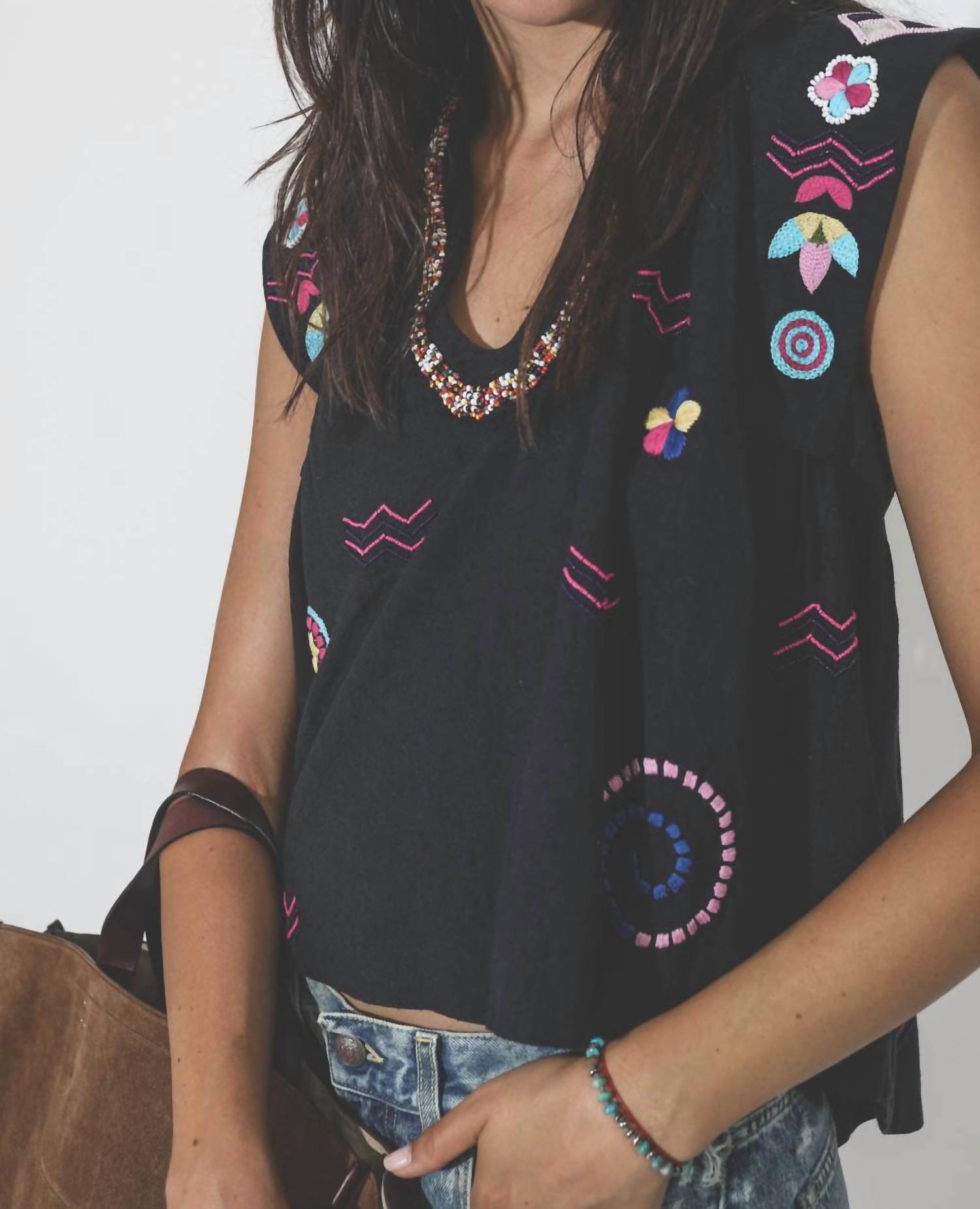 ALIX OF BOHEMIA Nehru Slub Embroidered Top in black - women's blouse - view 4