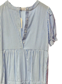 Shewin - Women's Stripe Bubble Sleeve Scallop Tiered Dress