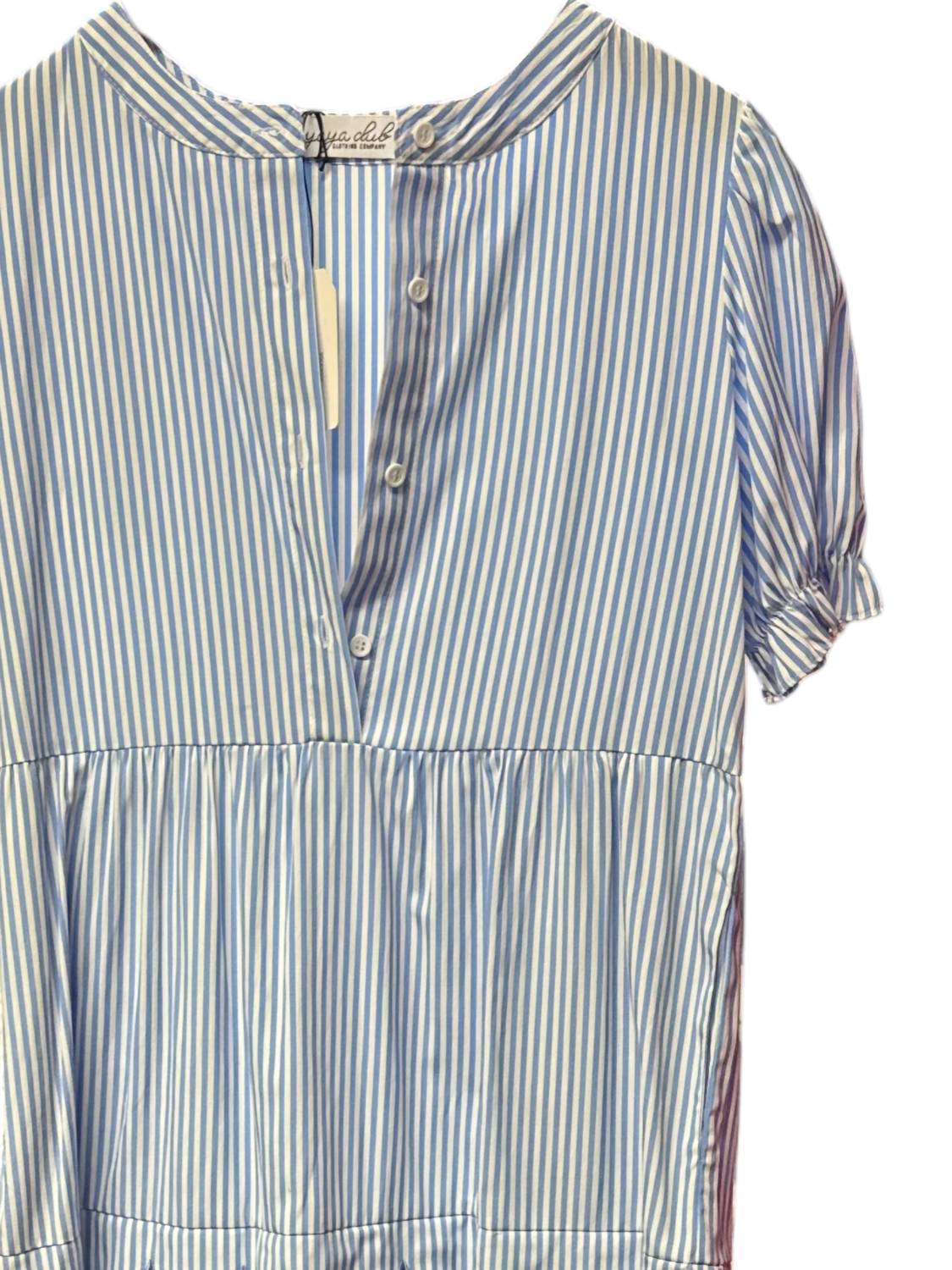 Shewin - Women's Stripe Bubble Sleeve Scallop Tiered Dress