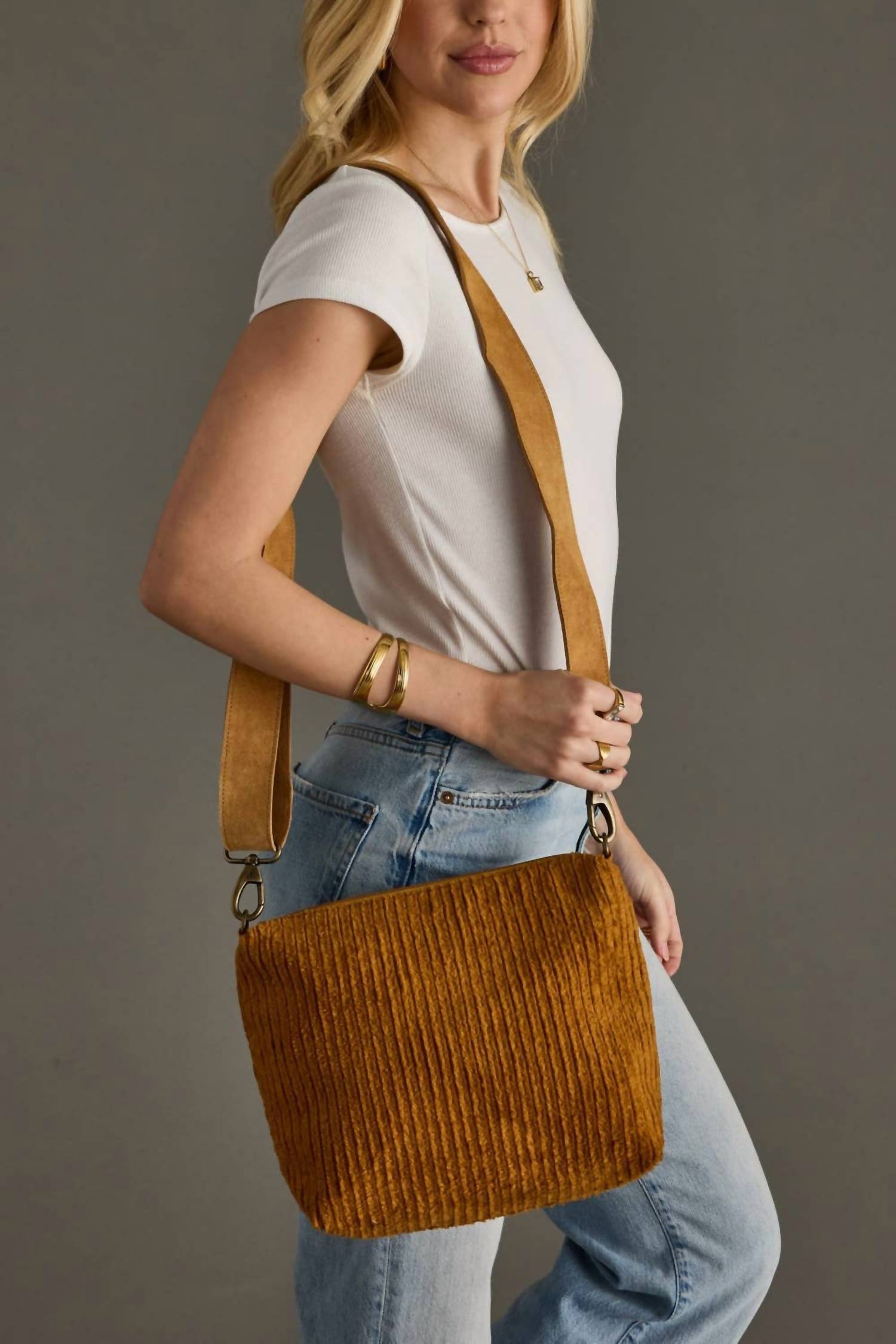Panache Apparel Women's Corduroy Crossbody Bag With Removable Suede Strap in dark mustard - women's bag